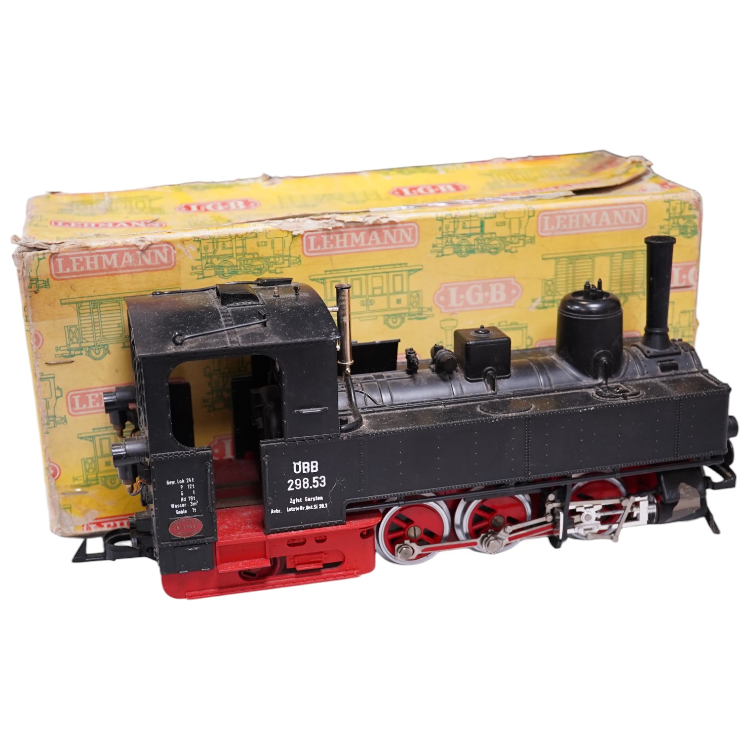 A boxed Lehmann LGB G scale railway OBB Austrian Zillertalbahn 0-6-2T locomotive, 298.53. Condition fair, some running wear and damage and damage to the box.